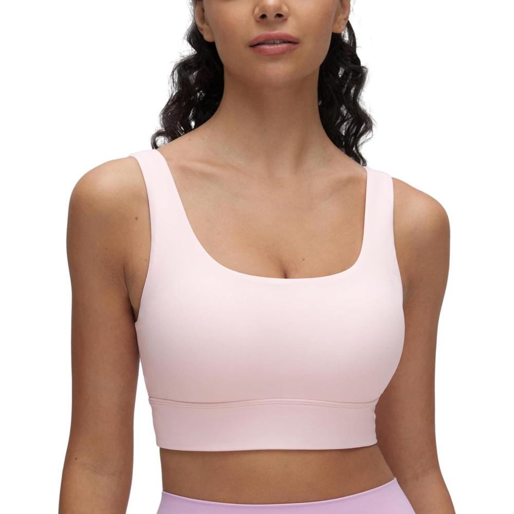 imageCRZ YOGA Butterluxe U Back Longline Sports Bras for Women Scoop Neck Padded Yoga Workout Crop Top with Built in PadsStrawberry Pink