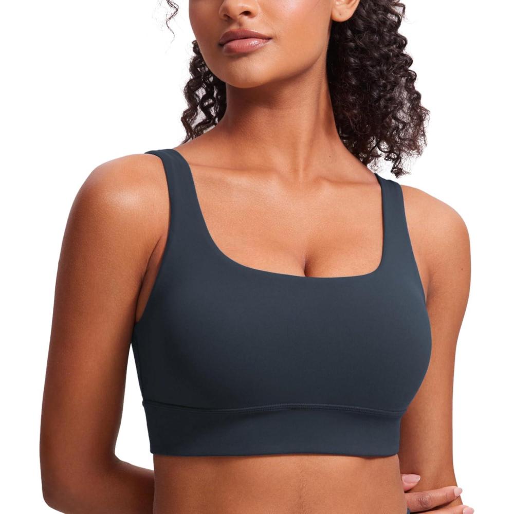imageCRZ YOGA Butterluxe U Back Longline Sports Bras for Women Scoop Neck Padded Yoga Workout Crop Top with Built in PadsTrue Navy
