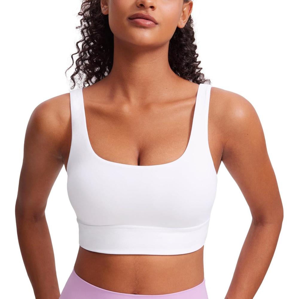 imageCRZ YOGA Butterluxe U Back Longline Sports Bras for Women Scoop Neck Padded Yoga Workout Crop Top with Built in PadsWhite