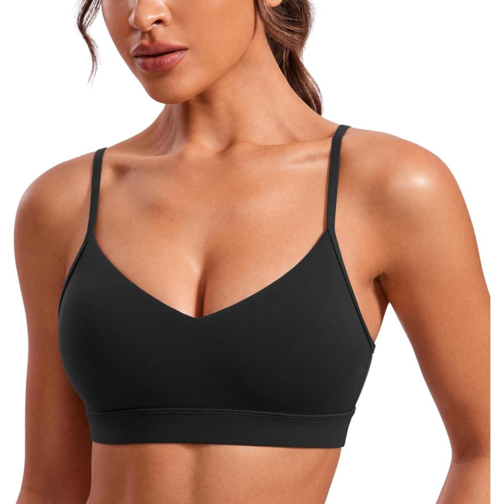 imageCRZ YOGA Butterluxe VNeck Sports Bras for Women Adjustable Thin Straps Padded Yoga Top Basic Wireless CamisoleBlack