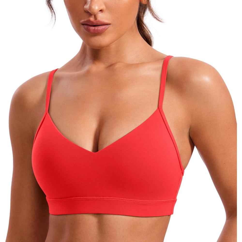 imageCRZ YOGA Butterluxe VNeck Sports Bras for Women Adjustable Thin Straps Padded Yoga Top Basic Wireless CamisoleDeep Red