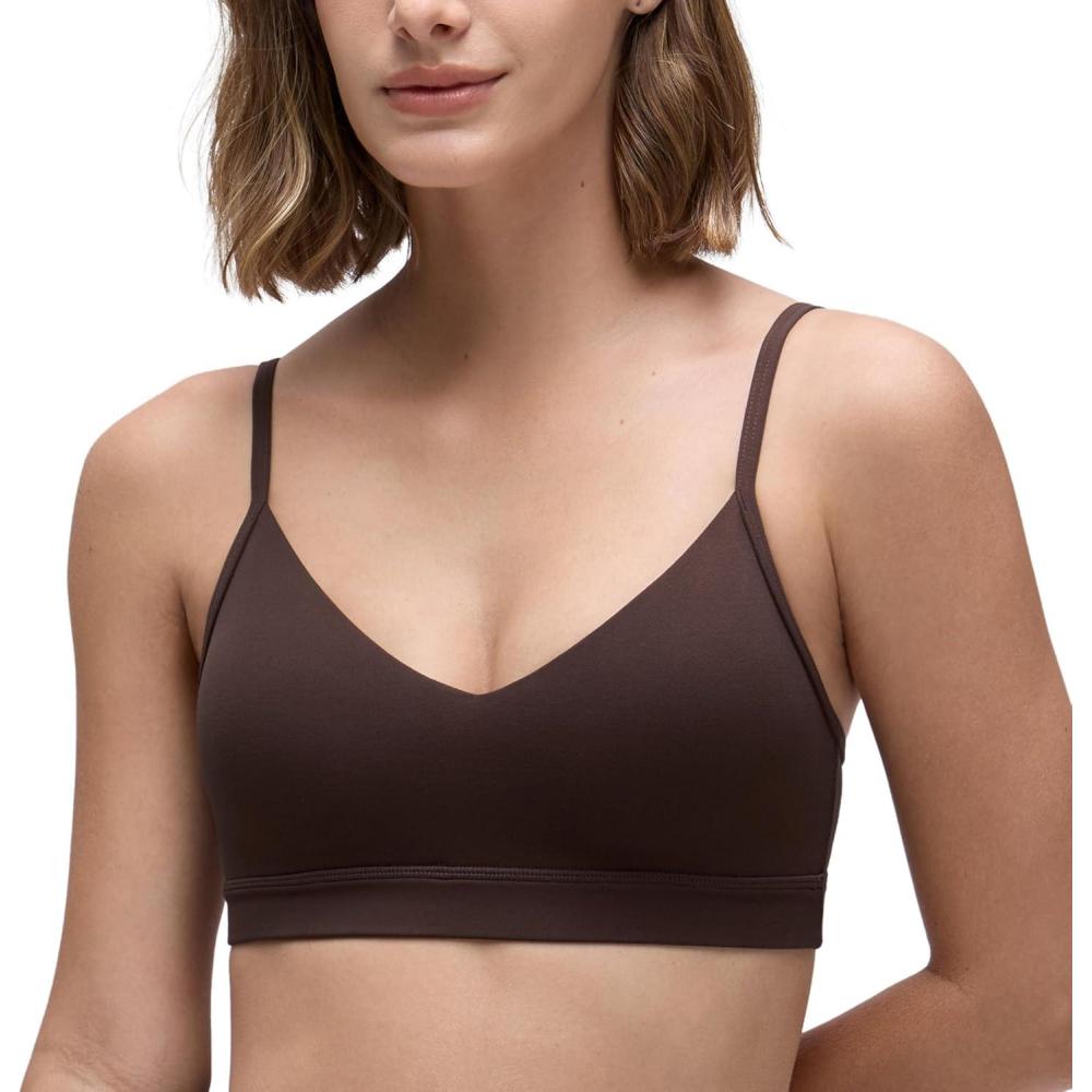 imageCRZ YOGA Butterluxe VNeck Sports Bras for Women Adjustable Thin Straps Padded Yoga Top Basic Wireless CamisoleHot Fudge Brown