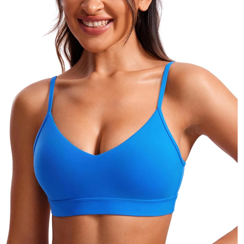 imageCRZ YOGA Butterluxe VNeck Sports Bras for Women Adjustable Thin Straps Padded Yoga Top Basic Wireless CamisoleSparkle Blue