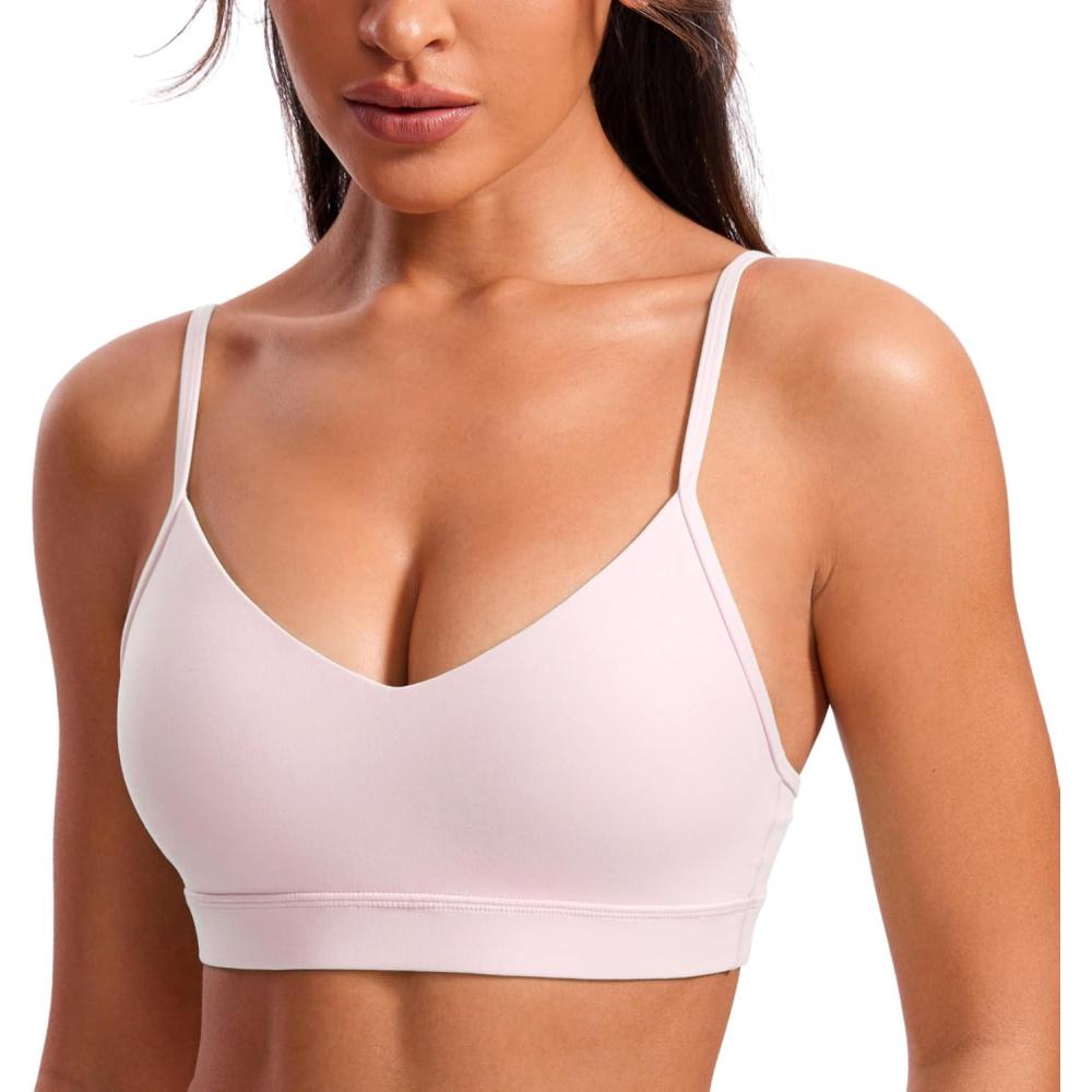 imageCRZ YOGA Butterluxe VNeck Sports Bras for Women Adjustable Thin Straps Padded Yoga Top Basic Wireless CamisoleStrawberry Pink