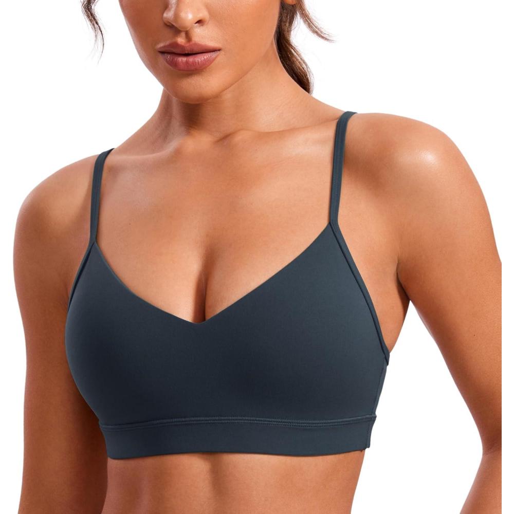 imageCRZ YOGA Butterluxe VNeck Sports Bras for Women Adjustable Thin Straps Padded Yoga Top Basic Wireless CamisoleTrue Navy