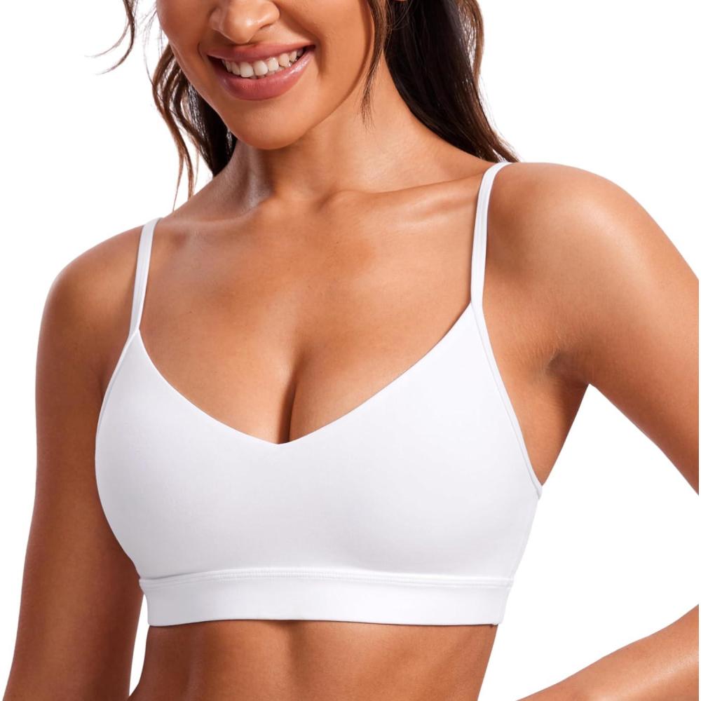 imageCRZ YOGA Butterluxe VNeck Sports Bras for Women Adjustable Thin Straps Padded Yoga Top Basic Wireless CamisoleWhite