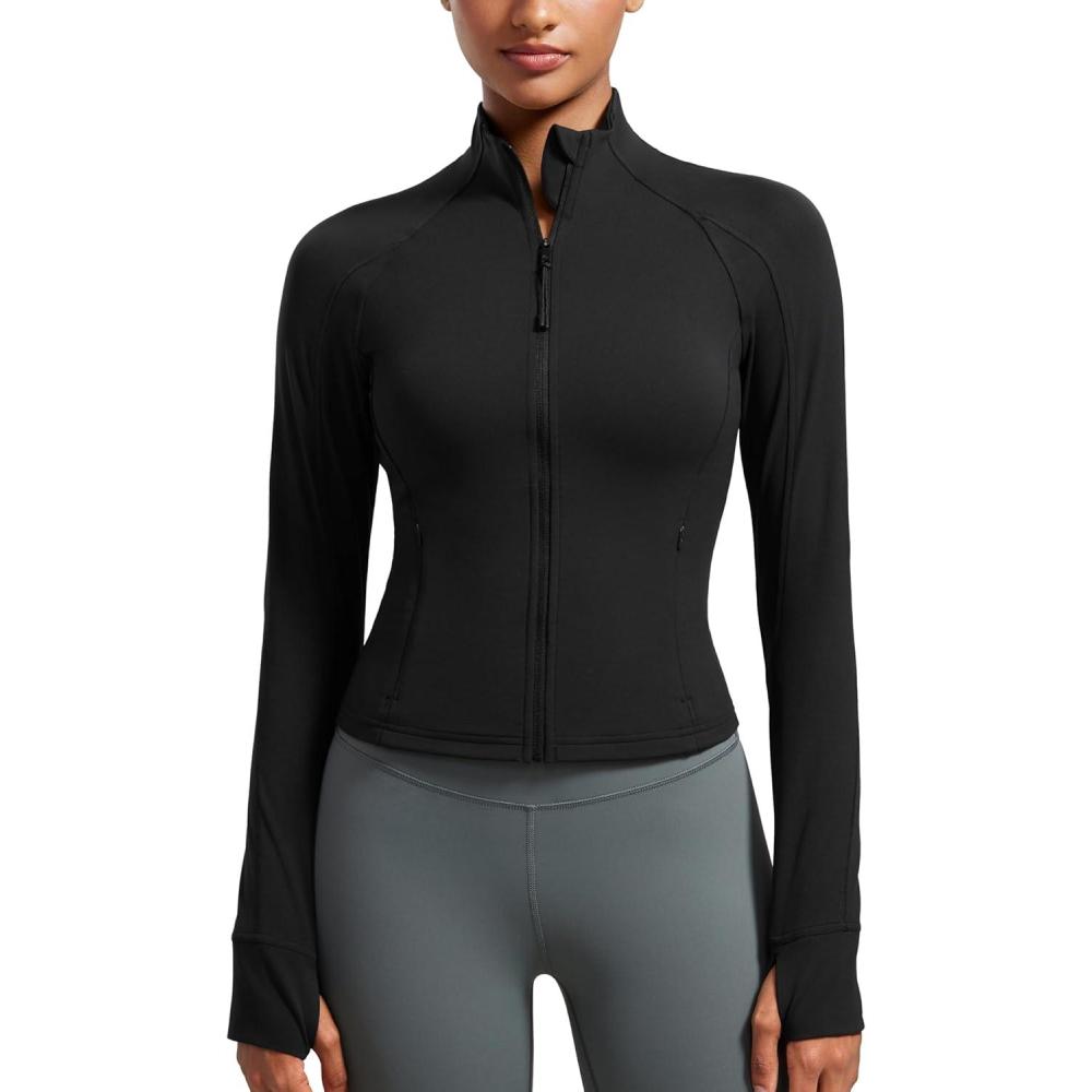 imageCRZ YOGA Butterluxe Waist Length Jackets for Women Full Zip Athletic Track Tops with Thumb Holes PocketsBlack