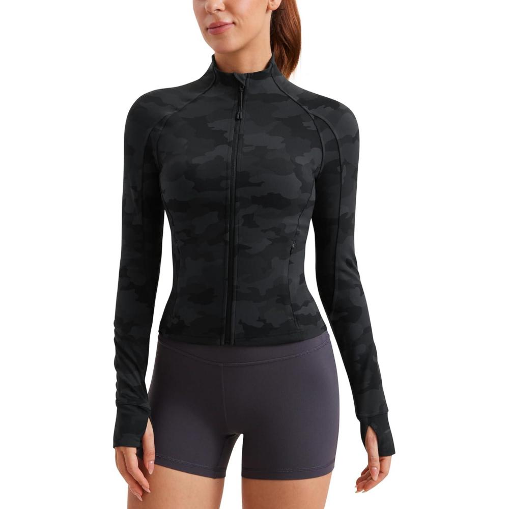 imageCRZ YOGA Butterluxe Waist Length Jackets for Women Full Zip Athletic Track Tops with Thumb Holes PocketsDark Grey Camouflage 2