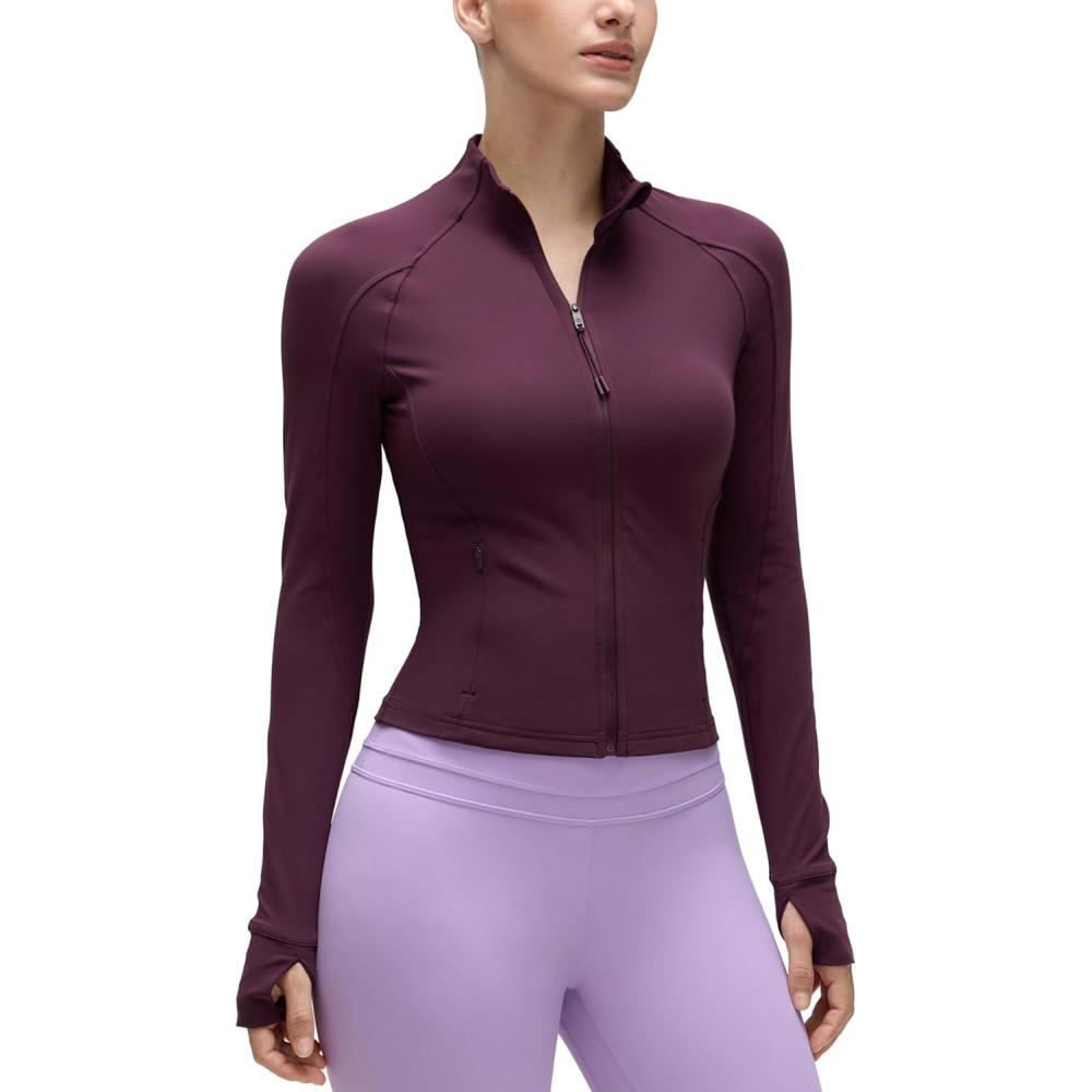 imageCRZ YOGA Butterluxe Waist Length Jackets for Women Full Zip Athletic Track Tops with Thumb Holes PocketsDeep Purple