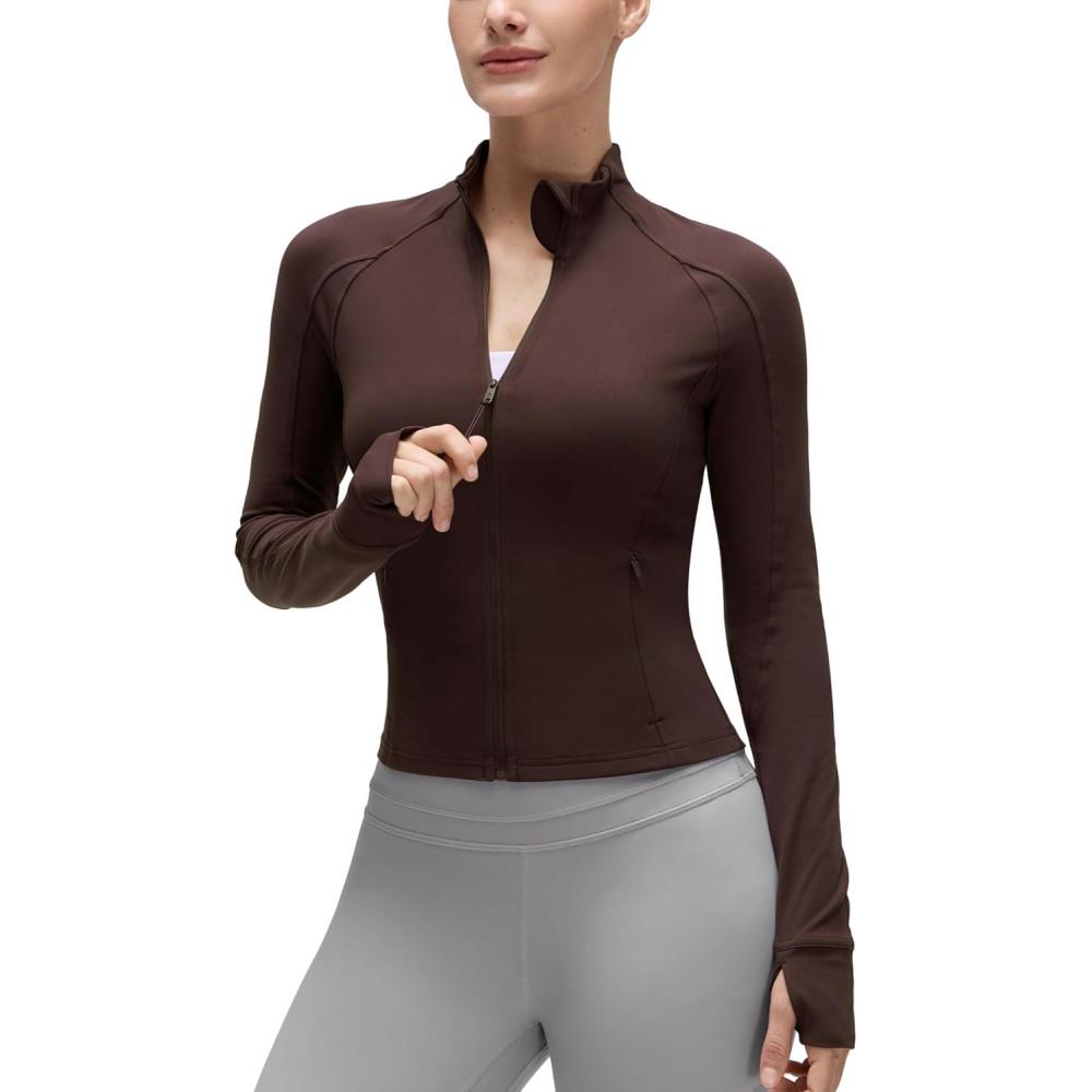 imageCRZ YOGA Butterluxe Waist Length Jackets for Women Full Zip Athletic Track Tops with Thumb Holes PocketsHot Fudge Brown