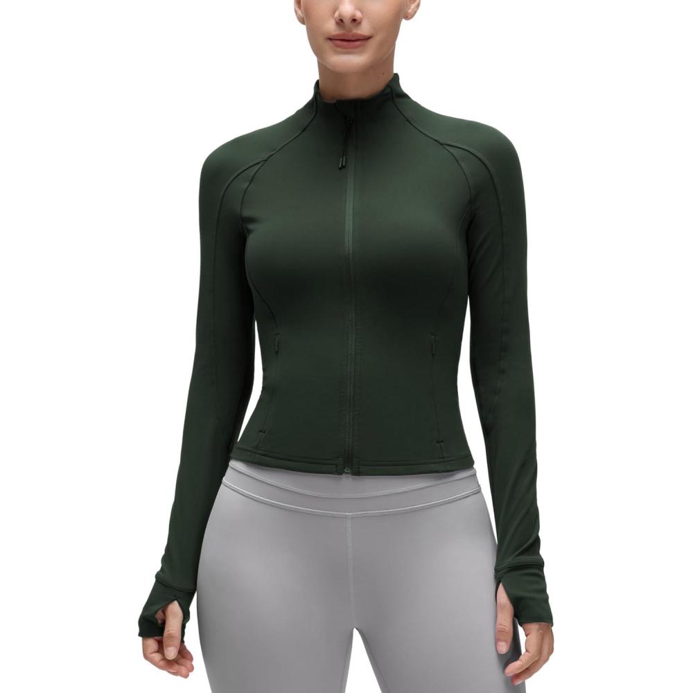 imageCRZ YOGA Butterluxe Waist Length Jackets for Women Full Zip Athletic Track Tops with Thumb Holes PocketsLegend Green