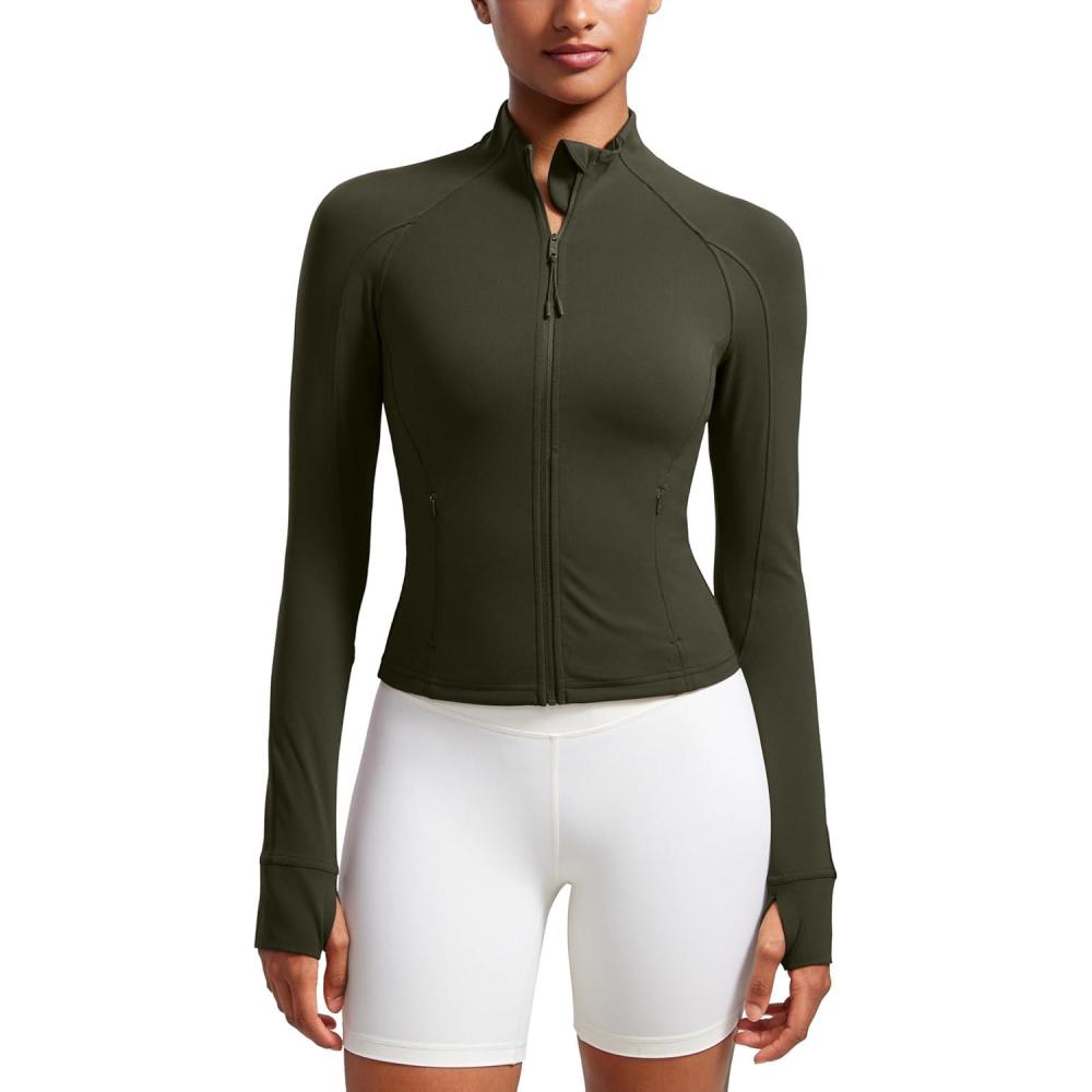 imageCRZ YOGA Butterluxe Waist Length Jackets for Women Full Zip Athletic Track Tops with Thumb Holes PocketsOlive Green