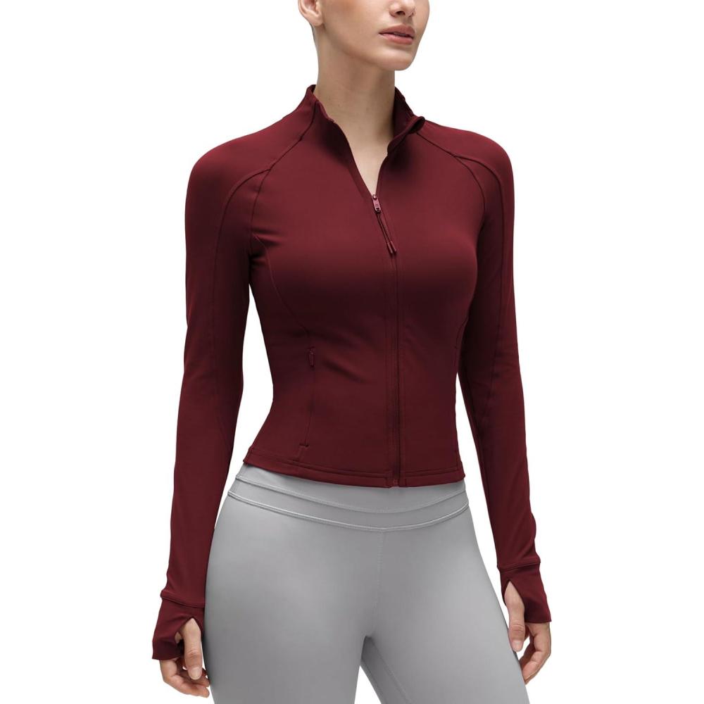 imageCRZ YOGA Butterluxe Waist Length Jackets for Women Full Zip Athletic Track Tops with Thumb Holes PocketsRed Merlot