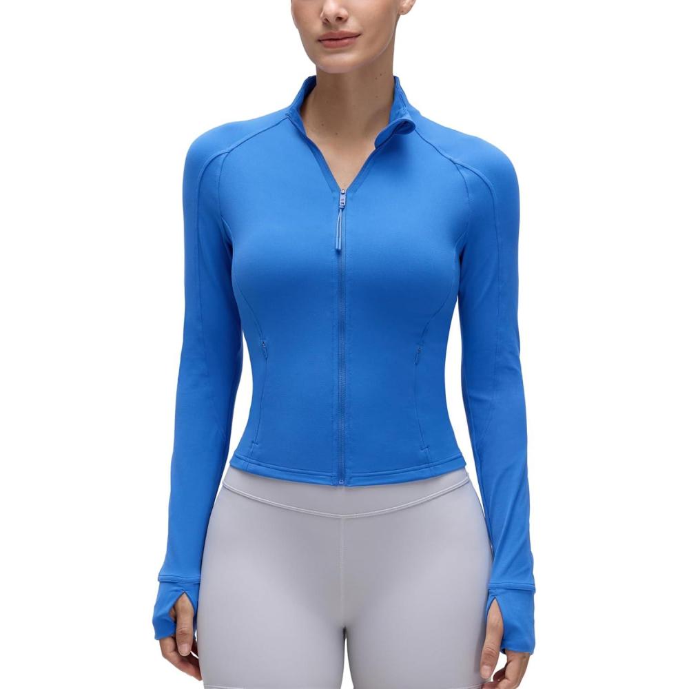 imageCRZ YOGA Butterluxe Waist Length Jackets for Women Full Zip Athletic Track Tops with Thumb Holes PocketsSparkle Blue