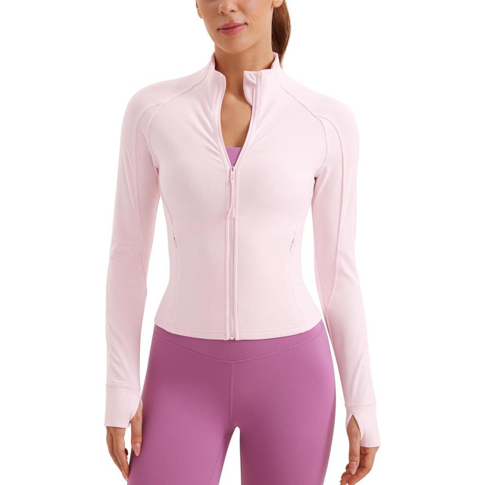 imageCRZ YOGA Butterluxe Waist Length Jackets for Women Full Zip Athletic Track Tops with Thumb Holes PocketsStrawberry Pink