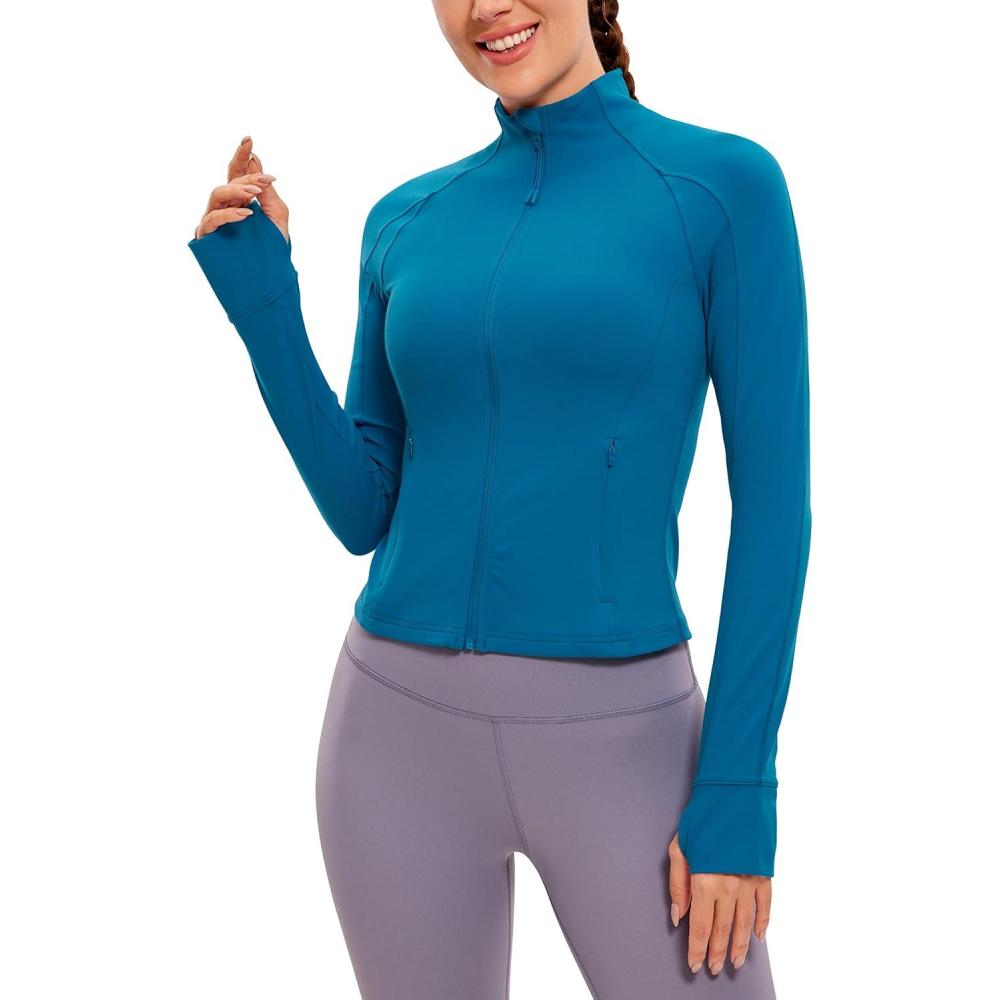 imageCRZ YOGA Butterluxe Waist Length Jackets for Women Full Zip Athletic Track Tops with Thumb Holes PocketsSupersonic Blue