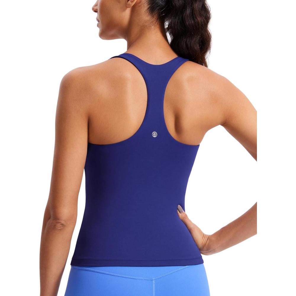 imageCRZ YOGA Butterluxe Workout Racerback Tank Tops for Women Padded Athletic Spandex Yoga Shirts with Built in BraLarkspur Blue