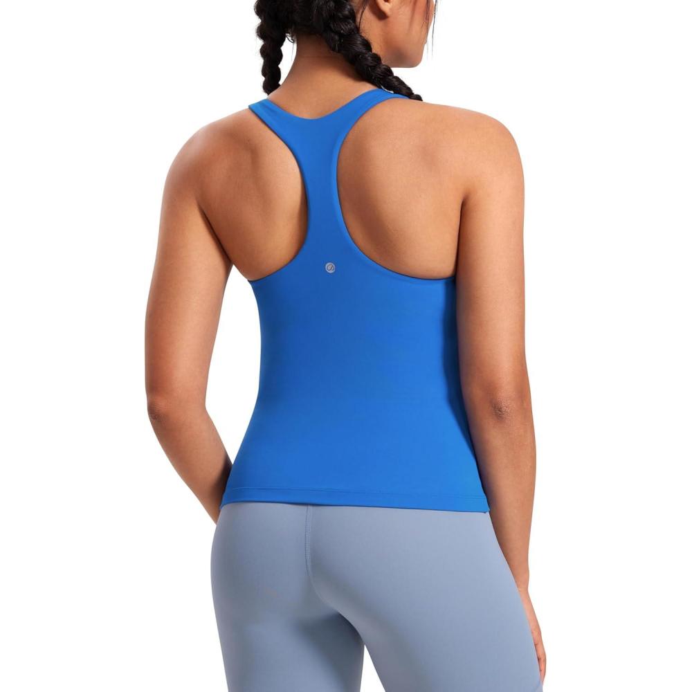 imageCRZ YOGA Butterluxe Workout Racerback Tank Tops for Women Padded Athletic Spandex Yoga Shirts with Built in BraSparkle Blue