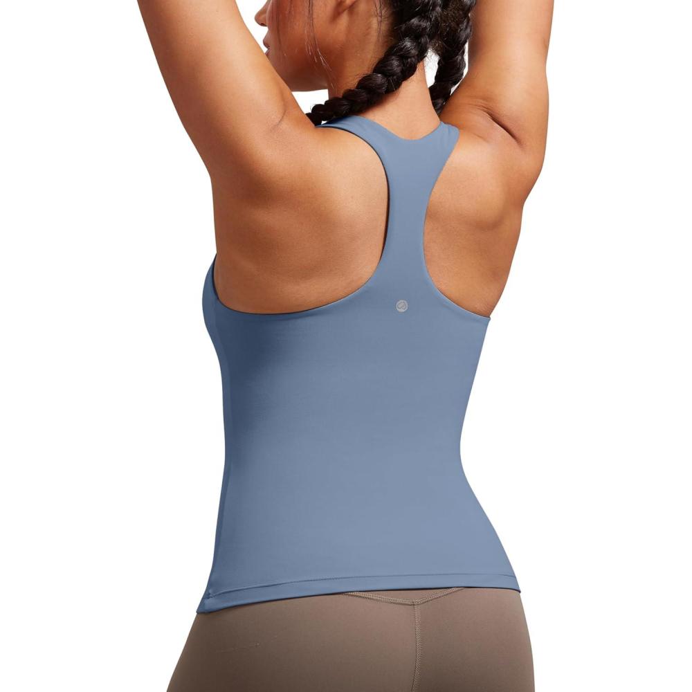 imageCRZ YOGA Butterluxe Workout Racerback Tank Tops for Women Padded Athletic Spandex Yoga Shirts with Built in BraWashed Denim