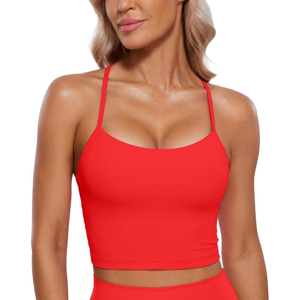 imageCRZ YOGA Butterluxe Y Back Crop Tank Tops for Women Spaghetti Straps Racerback Padded Yoga Workout Longline Sports BrasDeep Red