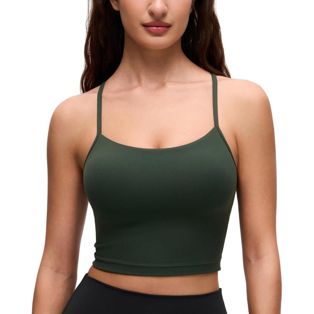 imageCRZ YOGA Butterluxe Y Back Crop Tank Tops for Women Spaghetti Straps Racerback Padded Yoga Workout Longline Sports BrasLegend Green