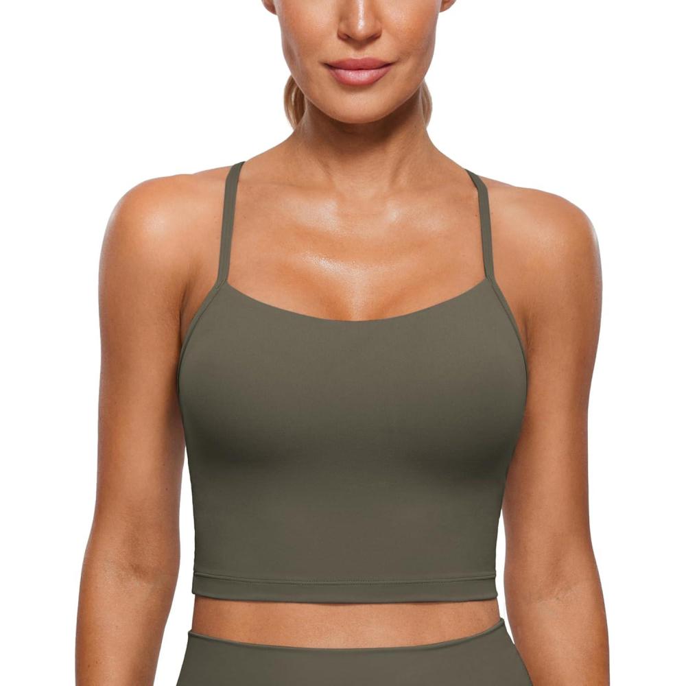 imageCRZ YOGA Butterluxe Y Back Crop Tank Tops for Women Spaghetti Straps Racerback Padded Yoga Workout Longline Sports BrasLight Army Green