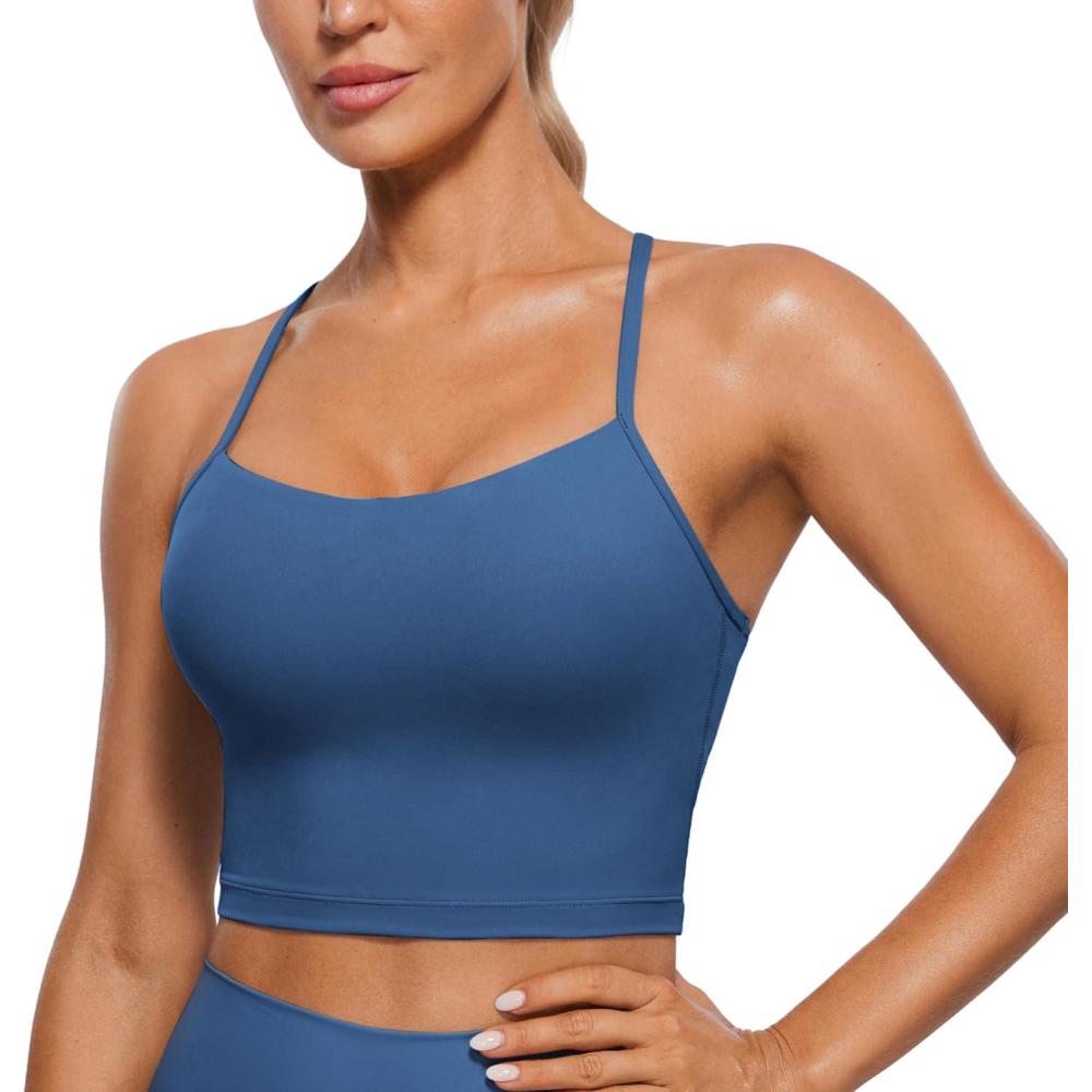 imageCRZ YOGA Butterluxe Y Back Crop Tank Tops for Women  Spaghetti Straps Racerback Padded Yoga Workout Longline Sports BrasPitch Blue