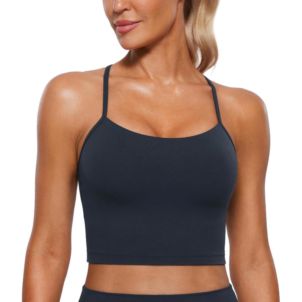 imageCRZ YOGA Butterluxe Y Back Crop Tank Tops for Women  Spaghetti Straps Racerback Padded Yoga Workout Longline Sports BrasTrue Navy