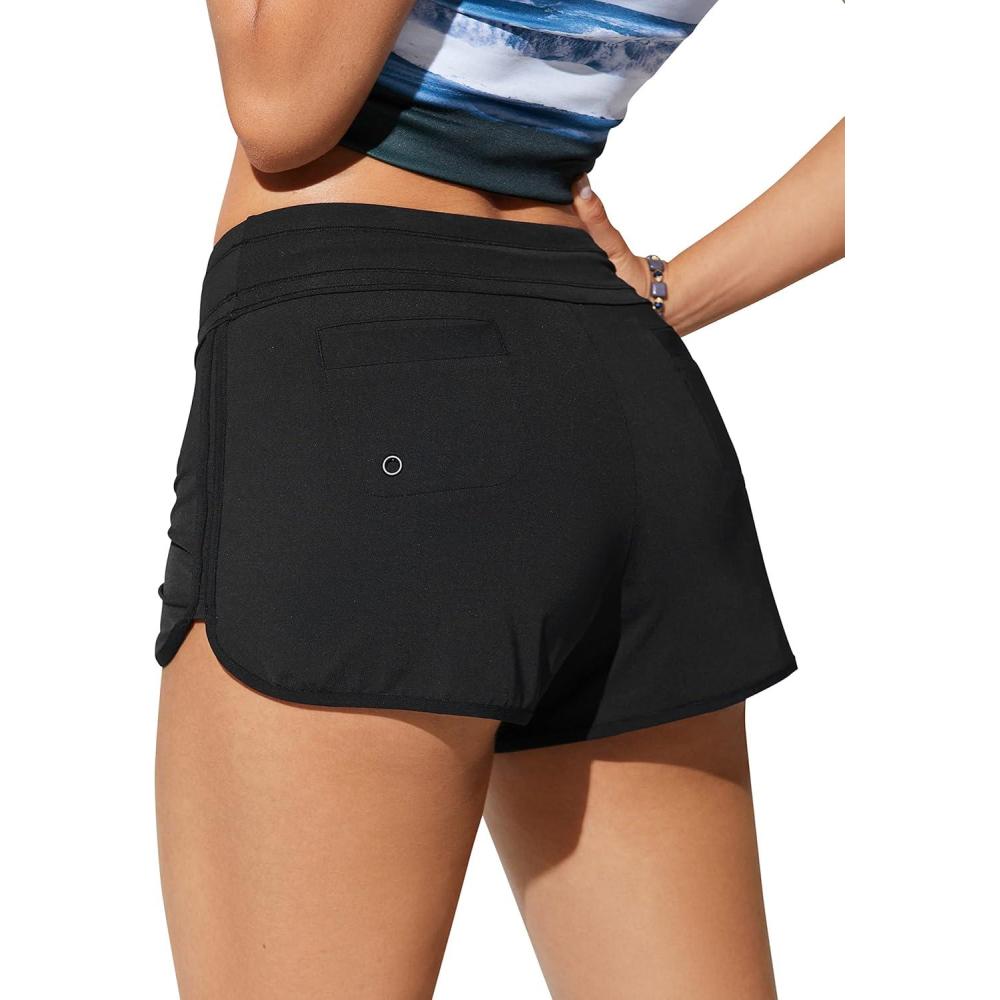 imageCRZ YOGA Classic Fit Dolphin Board Shorts for Women 3 High Waisted Beach Swimwear Bottoms Bathing Trunks with LinerBlack