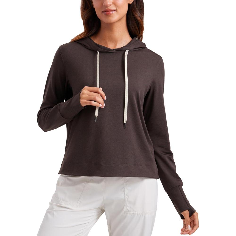 imageCRZ YOGA Cloud Jersey Pullover Hoodies for Women Long Sleeve Hooded Workout Sweat Shirts Casual Yoga Tops with Thumb HolesHot Fudge Brown