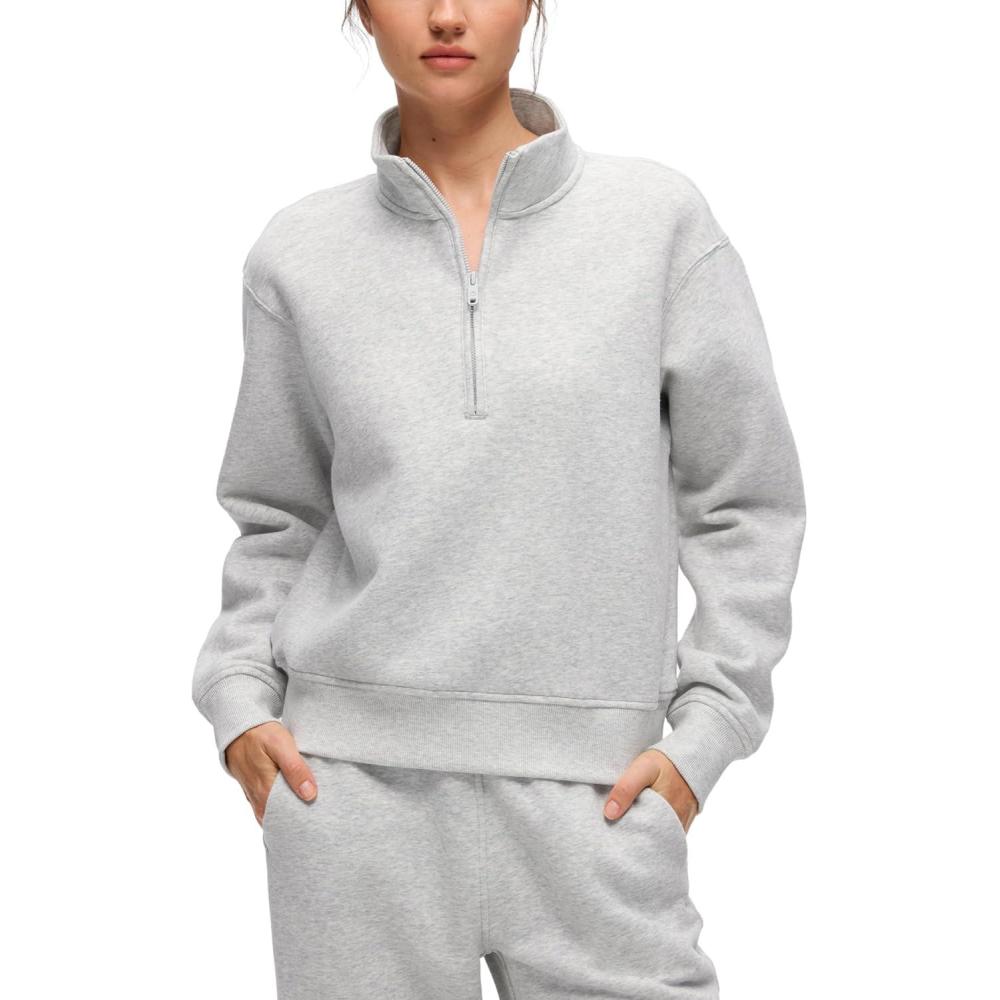 imageCRZ YOGA Cotton Fleece Lined Half Zip Sweatshirt for Women  Pullover Funnel Neck Workout Casual Sweat Shirts with PocketDove Grey Heather