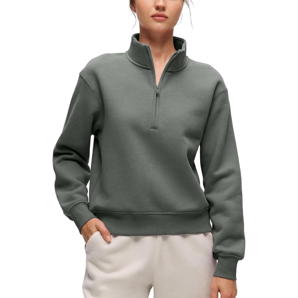 imageCRZ YOGA Cotton Fleece Lined Half Zip Sweatshirt for Women  Pullover Funnel Neck Workout Casual Sweat Shirts with PocketGrey Sage