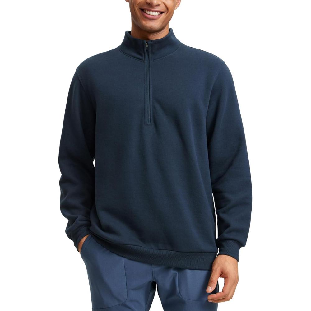 imageCRZ YOGA Cotton Fleece Lined Half Zip Sweatshirts for Men Mock Neck Pullover Sweat Shirts Casual Workout Daily SweatersInk Blue