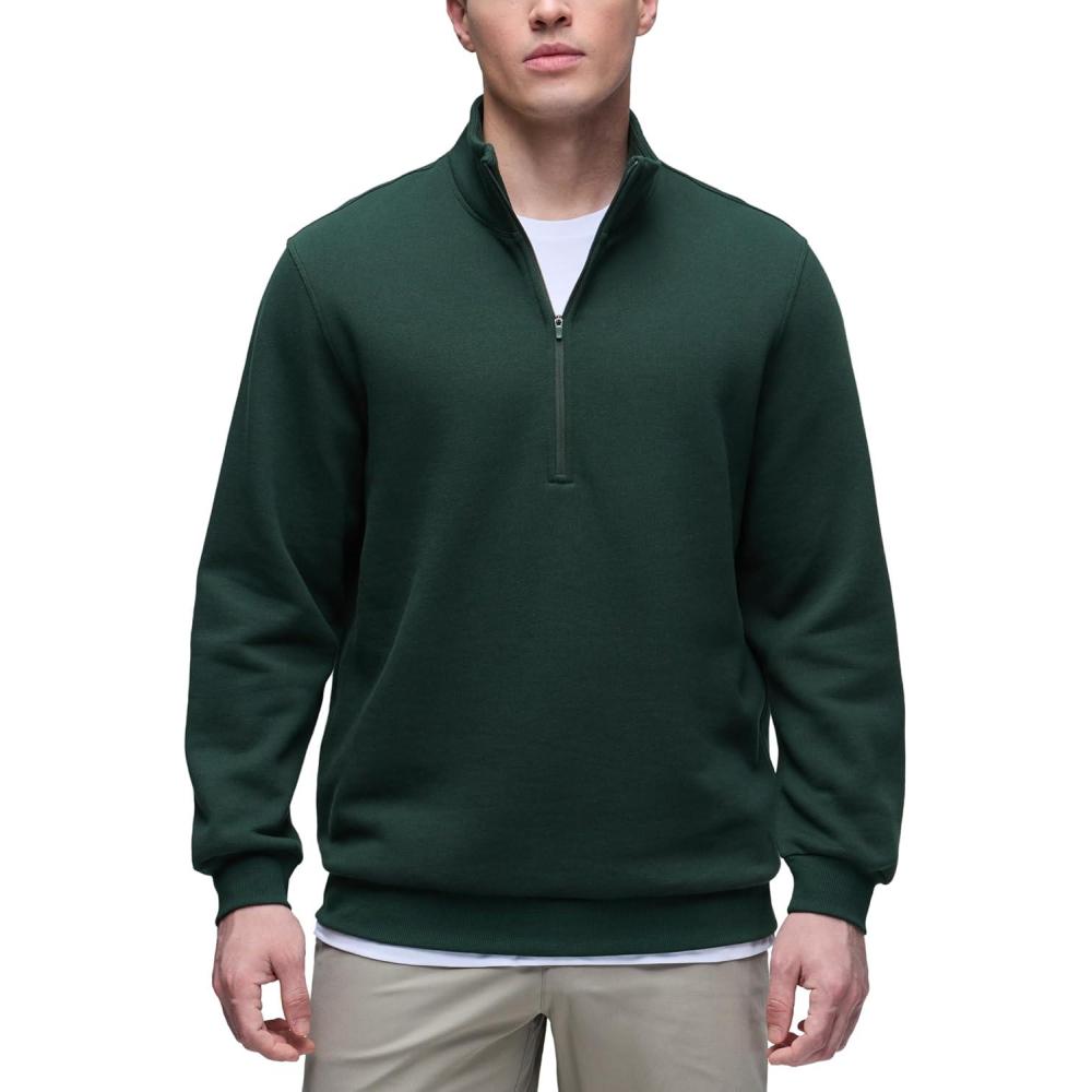 imageCRZ YOGA Cotton Fleece Lined Half Zip Sweatshirts for Men Mock Neck Pullover Sweat Shirts Casual Workout Daily SweatersLegend Green