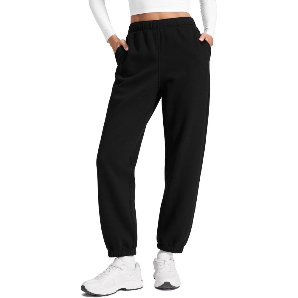imageCRZ YOGA Cotton Fleece Lined Jogger Sweatpants Women 28quot Casual Lounge Travel Pants with Pockets Winter WarmBlack