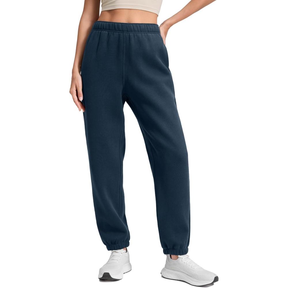 imageCRZ YOGA Cotton Fleece Lined Jogger Sweatpants Women 28quot Casual Lounge Travel Pants with Pockets Winter WarmInk Blue