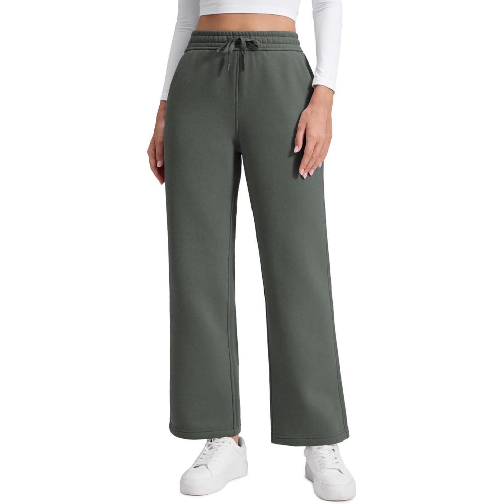 imageCRZ YOGA Cotton Fleece Lined Sweatpants Women 28quot30quot32quot  Straight Leg Casual Lounge Pants with Pockets Winter WarmGrey Sage