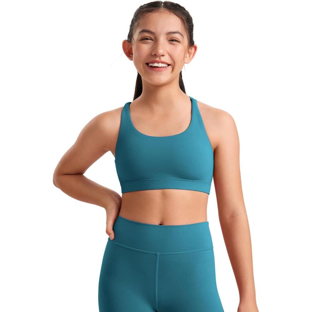 imageCRZ YOGA Girls Butterluxe Strappy Back Sports Bra  Yoga Athletic Casual Tops Scoop Neck Padded Crop Kids TeenBorealis Green