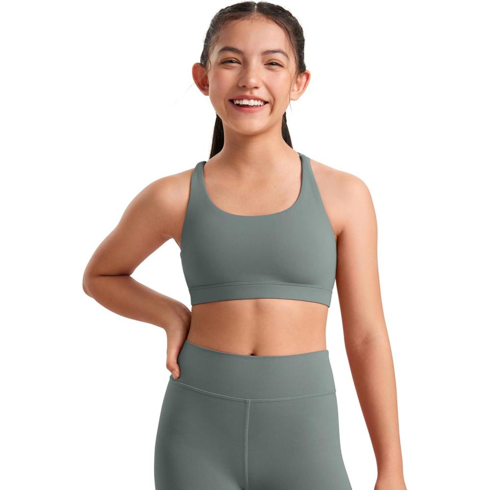 imageCRZ YOGA Girls Butterluxe Strappy Back Sports Bra  Yoga Athletic Casual Tops Scoop Neck Padded Crop Kids TeenGrey Sage