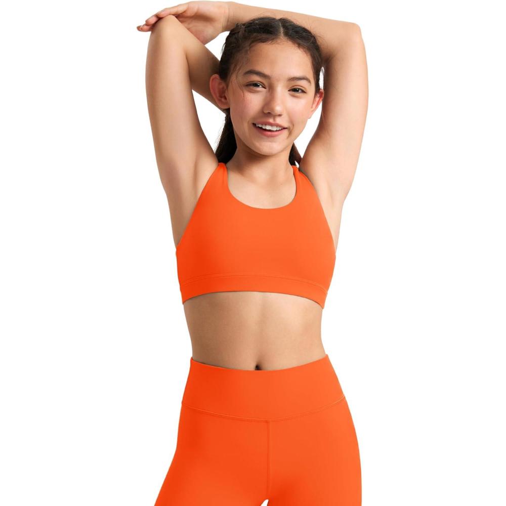imageCRZ YOGA Girls Butterluxe Strappy Back Sports Bra  Yoga Athletic Casual Tops Scoop Neck Padded Crop Kids TeenNeon Orange