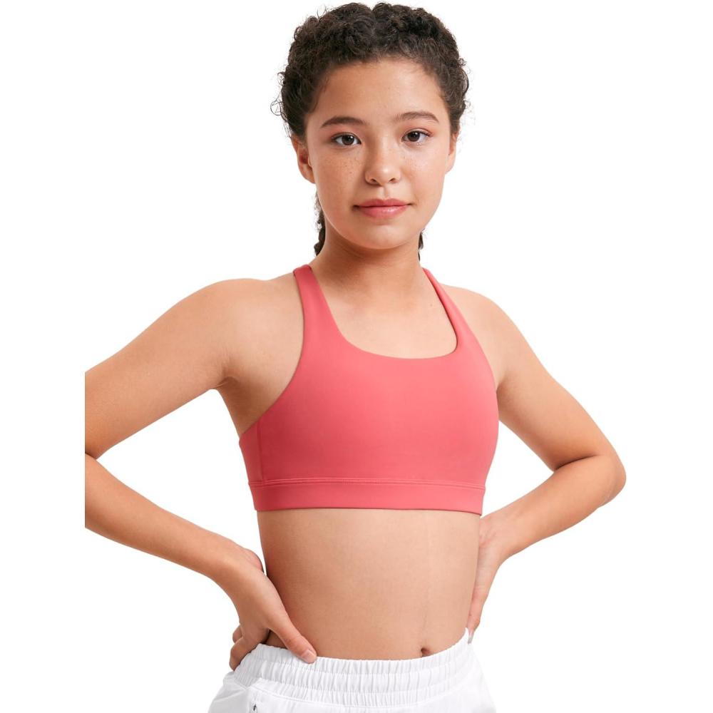 imageCRZ YOGA Girls Butterluxe Strappy Back Sports Bra  Yoga Athletic Casual Tops Scoop Neck Padded Crop Kids TeenRaspberry Sorbet