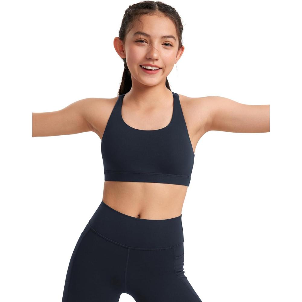 imageCRZ YOGA Girls Butterluxe Strappy Back Sports Bra  Yoga Athletic Casual Tops Scoop Neck Padded Crop Kids TeenTrue Navy