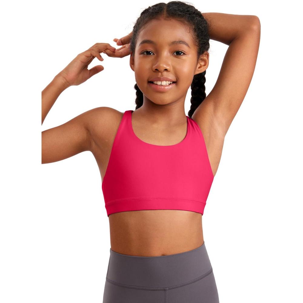 imageCRZ YOGA Girls Butterluxe Strappy Back Sports Bra  Yoga Athletic Casual Tops Scoop Neck Padded Crop Kids TeenViva Magenta