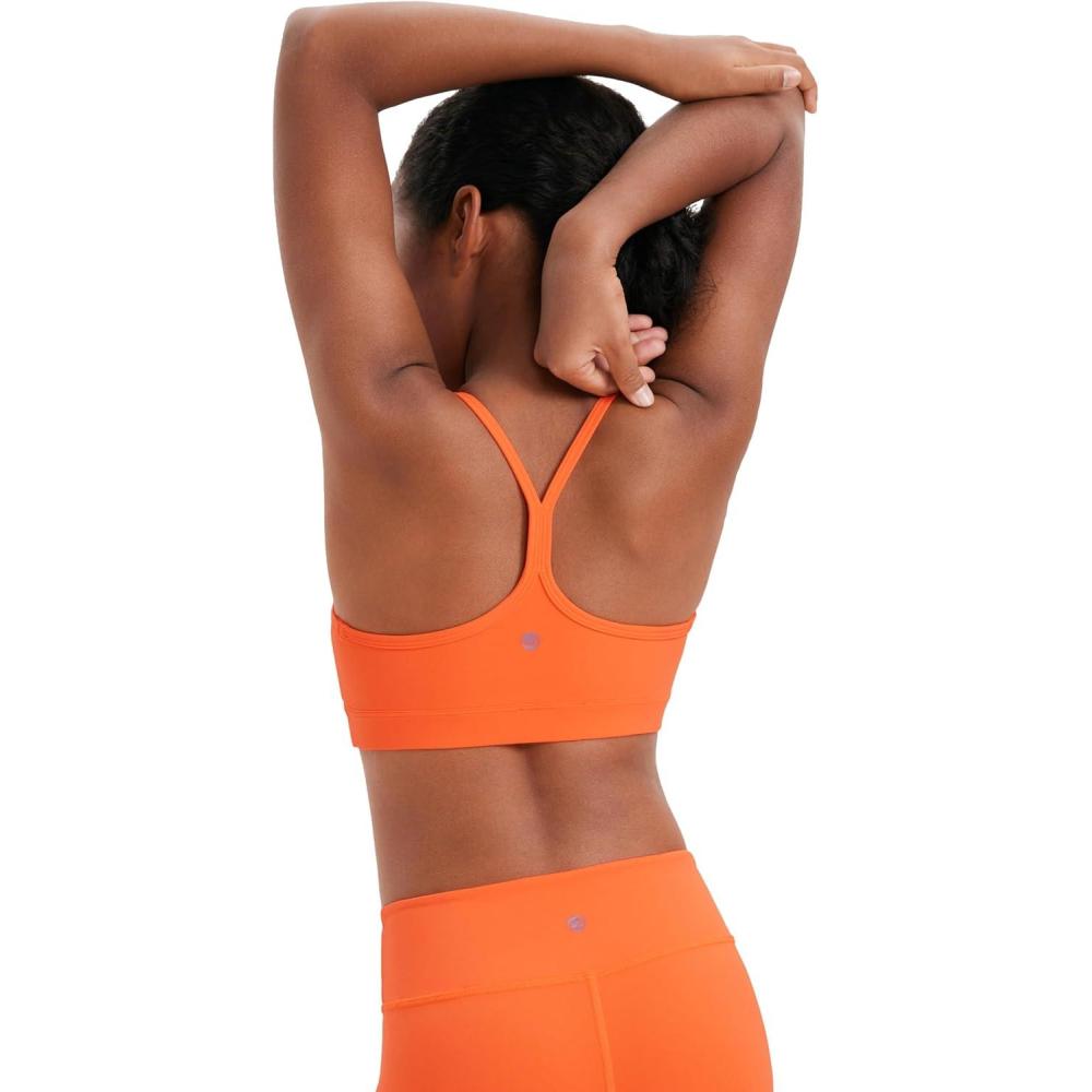 imageCRZ YOGA Girls Butterluxe Y Back Sports Bra  Yoga Athletic Casual Tops Scoop Neck Spaghetti Strap Padded Crop Kids TeenNeon Orange