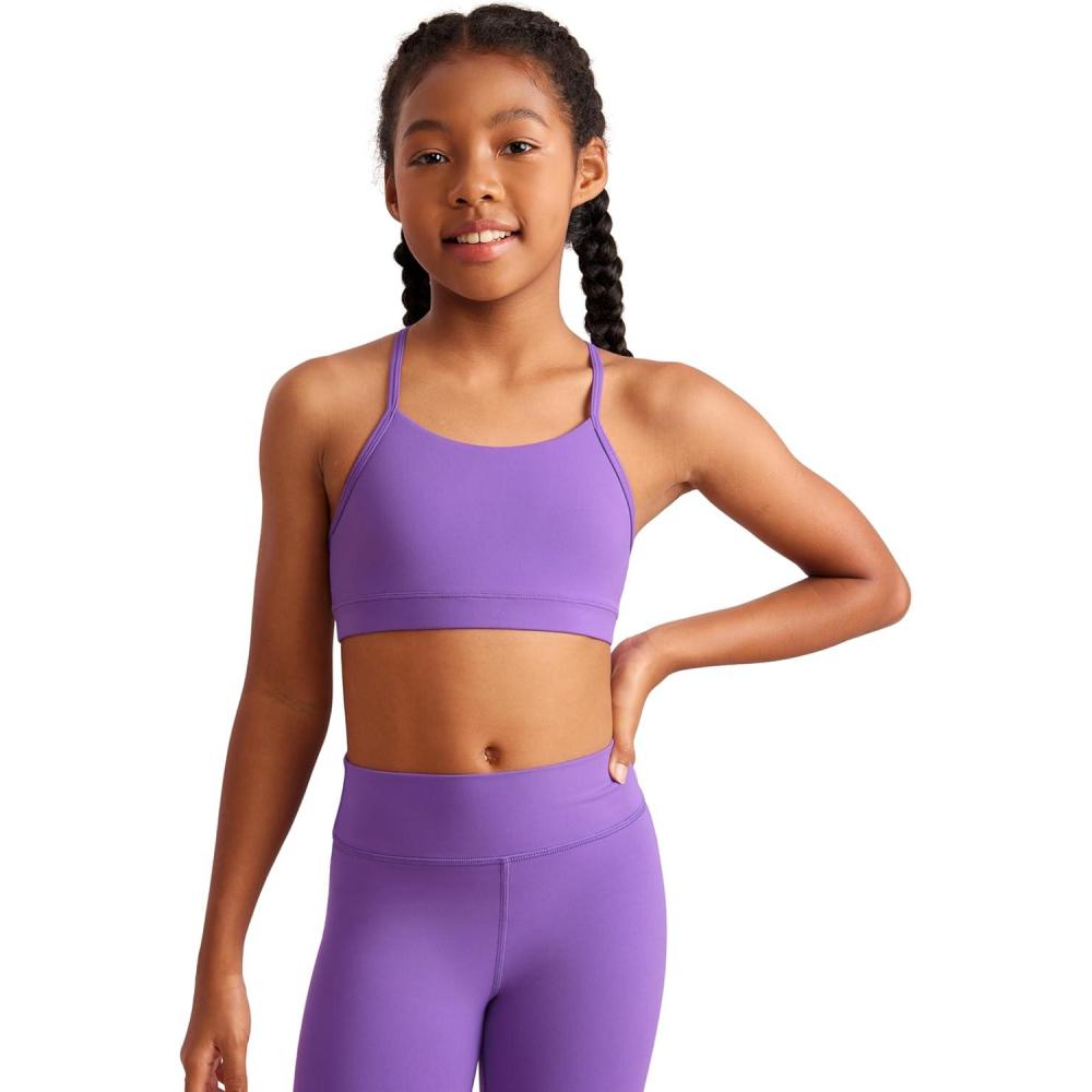 imageCRZ YOGA Girls Butterluxe Y Back Sports Bra  Yoga Athletic Casual Tops Scoop Neck Spaghetti Strap Padded Crop Kids TeenRoyal Lilac