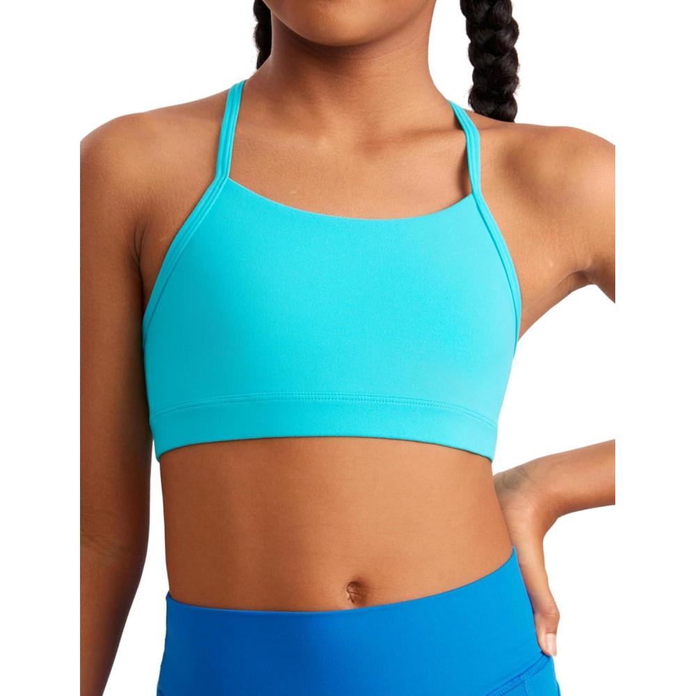 imageCRZ YOGA Girls Butterluxe Y Back Sports Bra  Yoga Athletic Casual Tops Scoop Neck Spaghetti Strap Padded Crop Kids TeenSpectral Blue