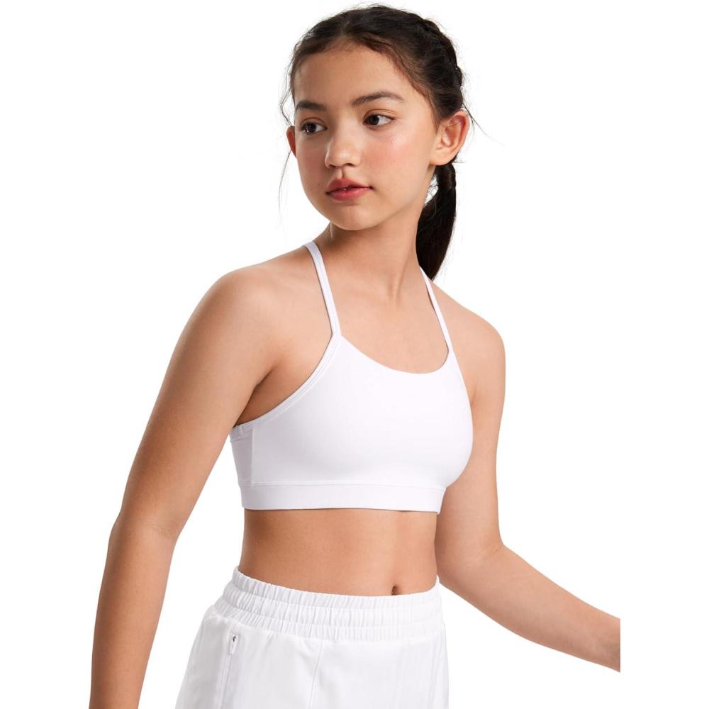 imageCRZ YOGA Girls Butterluxe Y Back Sports Bra  Yoga Athletic Casual Tops Scoop Neck Spaghetti Strap Padded Crop Kids TeenWhite