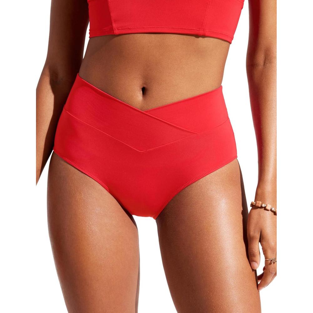 imageCRZ YOGA High Waisted V Cut Bikini Bottom for Women Cross Front Bathing Swimsuit Full Coverage Swim BriefsDeep Red