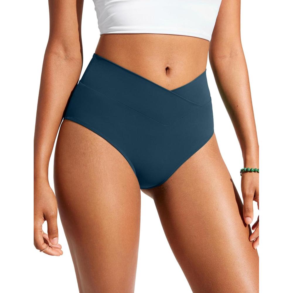 imageCRZ YOGA High Waisted V Cut Bikini Bottom for Women Cross Front Bathing Swimsuit Full Coverage Swim BriefsInsignia Blue