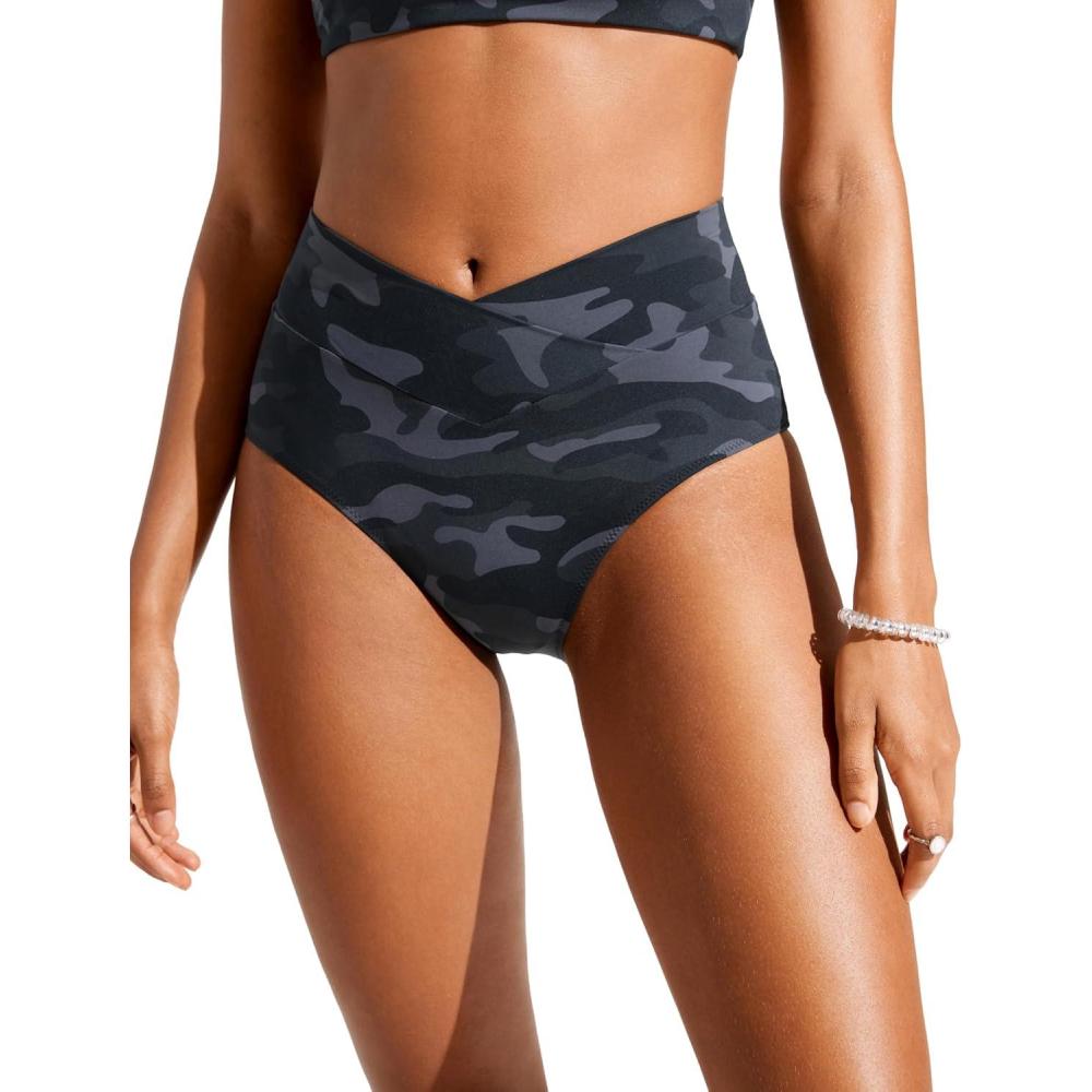 imageCRZ YOGA High Waisted V Cut Bikini Bottom for Women  Cross Front Bathing Swimsuit Full Coverage Swim BriefsJungle Camouflage Gray